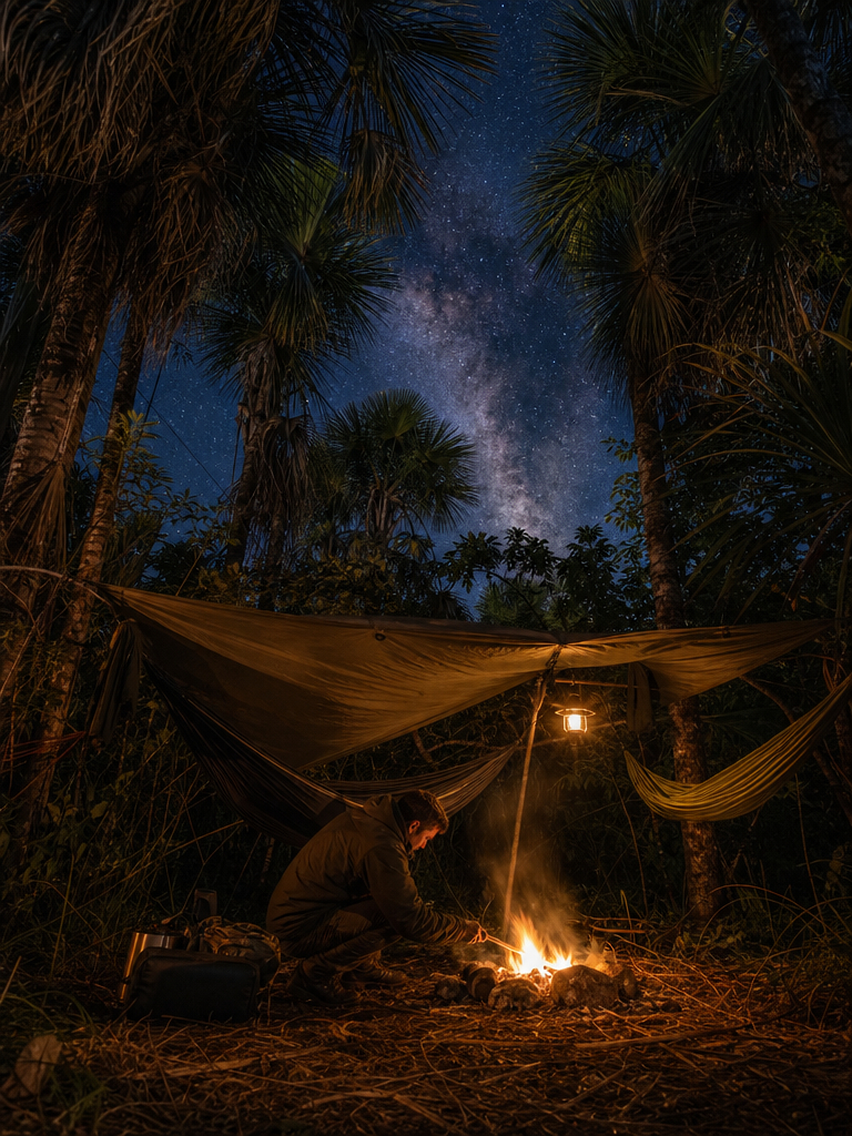 Acampamento ribeirinho ao entardecer